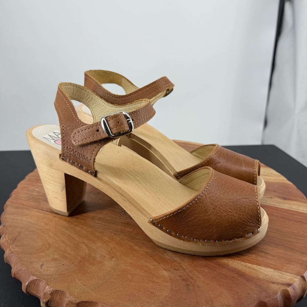 Maguba Bologna Swedish Clogs High Heels Brown leather Womens 8 / EU 38‎ Narrow